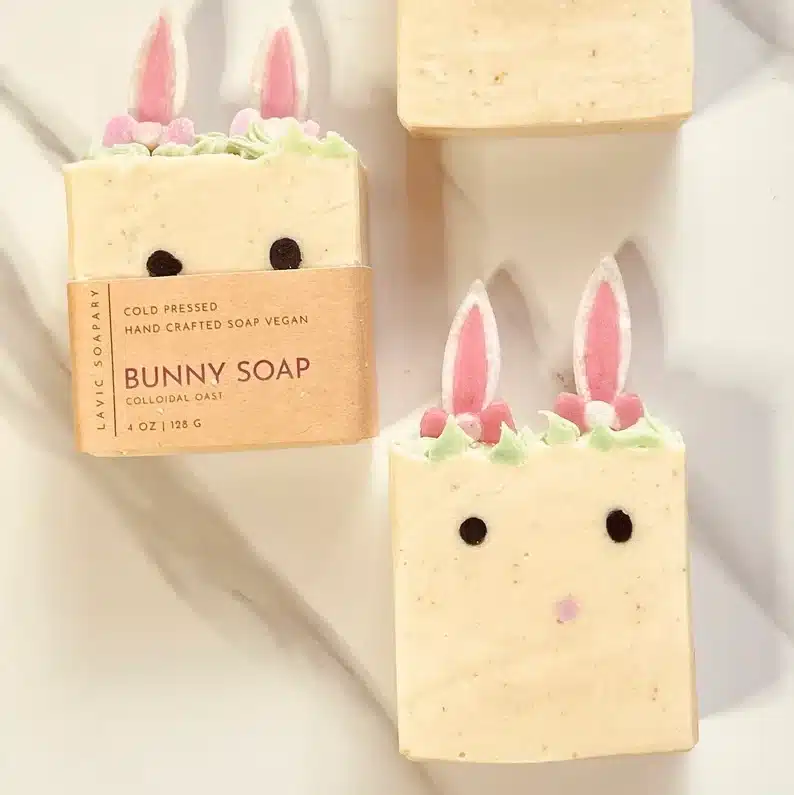 Easter Classroom Gifts for 7th Grade Students: Two bunny soaps, cream colored with white and pink ears sticking out at the top. 