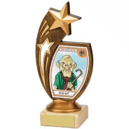 Plastic golden trophy with shooting stars and a grumpy old man on it that says old git. 