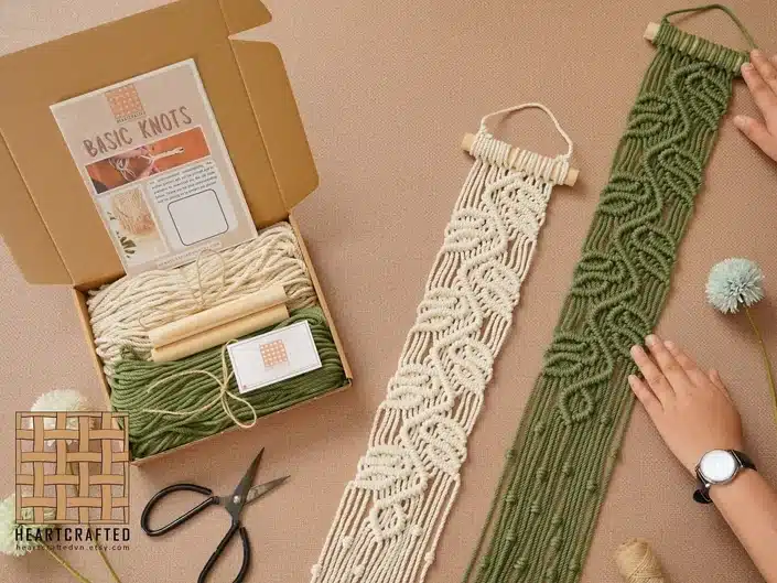 Do it ourself macrame kit, showing two completed tan and green pieces with the open box kit beside it. 