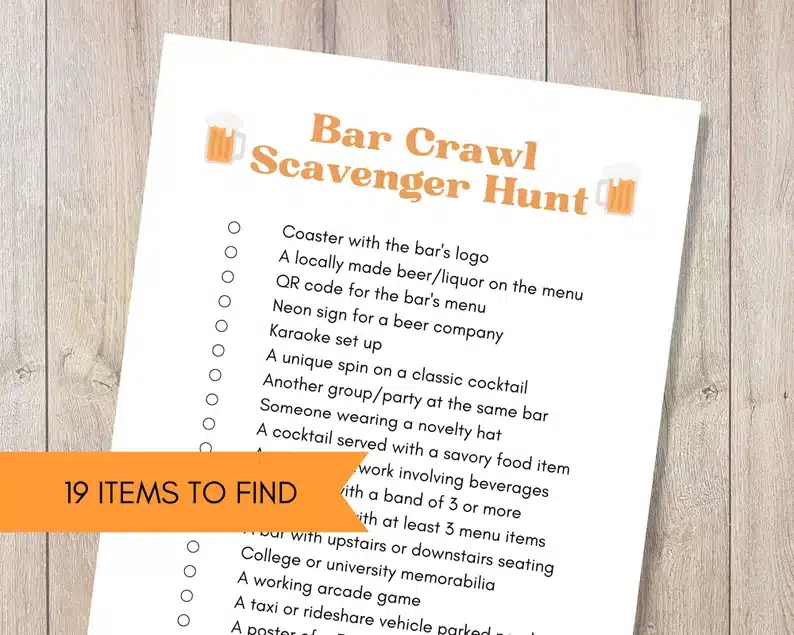 Bar crawl scavenger hunt sheet