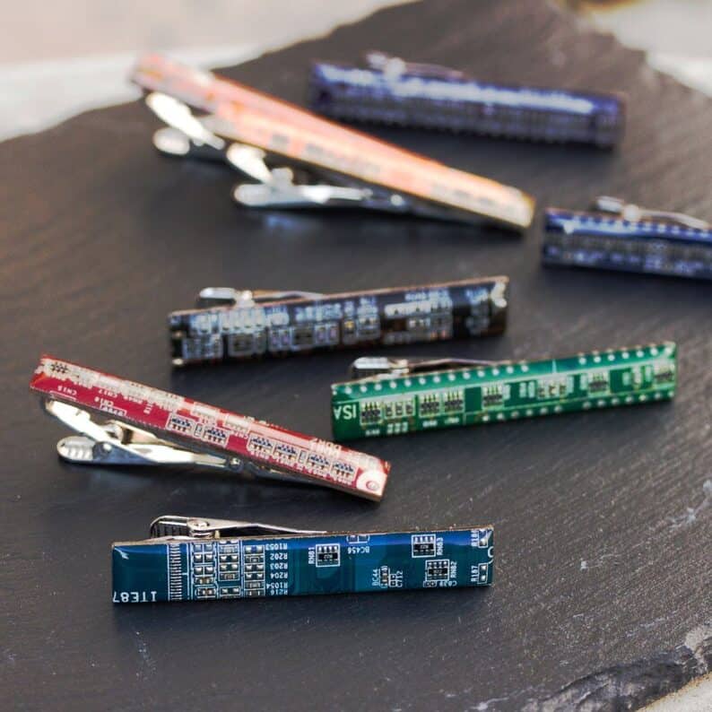 Circuit Board Tie Clip, blue, red, green, black ones shown.