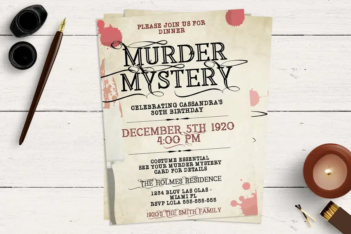 Customizable murder mystery party invitations for any theme