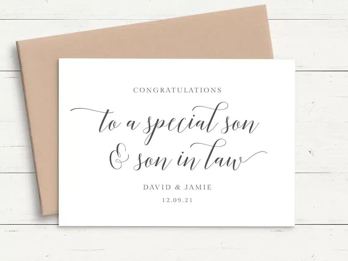 White card with black font that says "congratulations to a special son & son in law" 