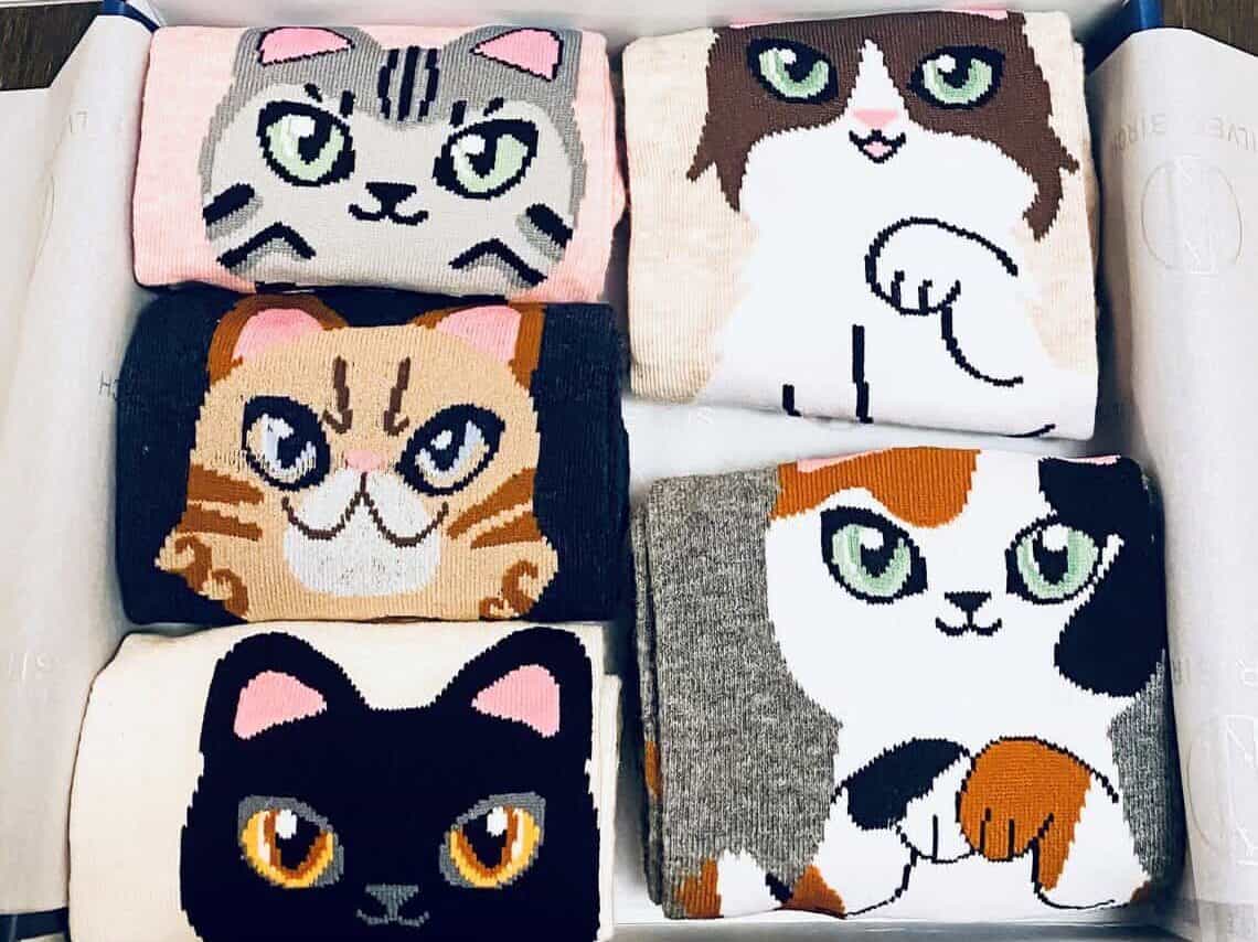 Mother’s Day Gifts for Cat Lovers: five different cat socks with faces of cats on them.