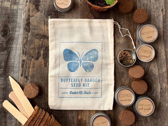 Burlap bag with a blue butterfly stamped on it that says butterfly seed kit with various seed containers surrounding it. 