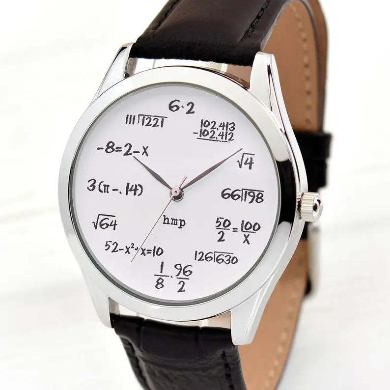 Brown leather wrist strap watch with white face with geeky math on it. 