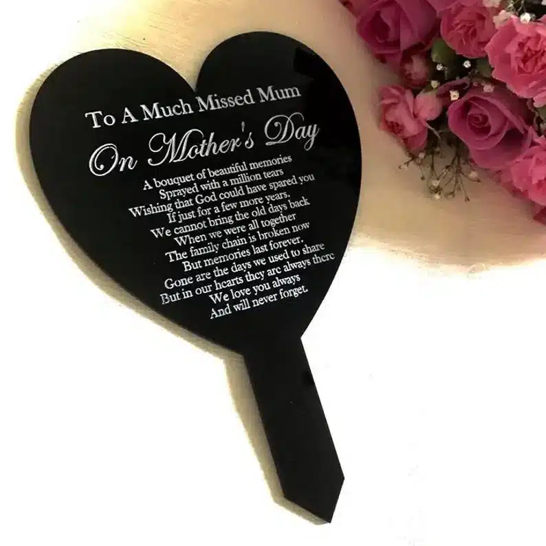 Mother's Day Gifts for Cemetery / Grave Decoration - Black memorial plaque shaped like a heart with white font that has a nice poem. 