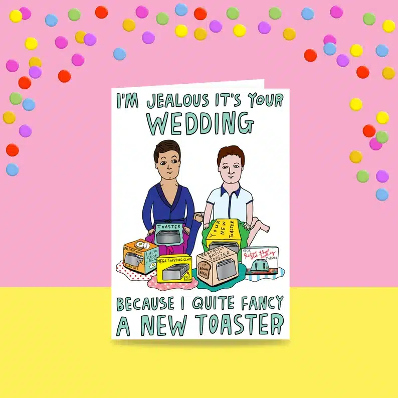 Funny Cards for a Gay Wedding: white card with blue font that says 