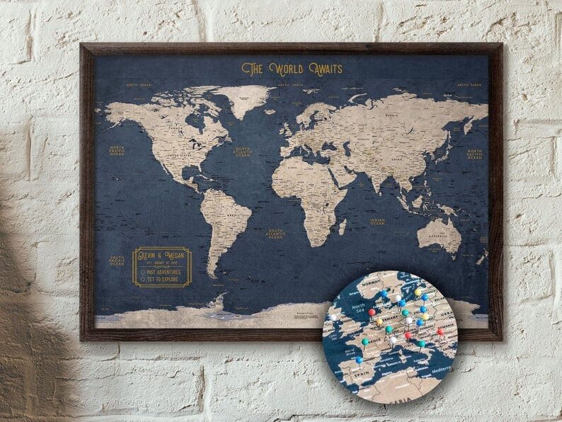 Mother's Day Gifts for Executives: Black frame of the world. Push pin map.