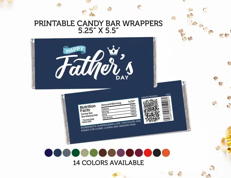Navy blue personalized candy wrapper shown. 