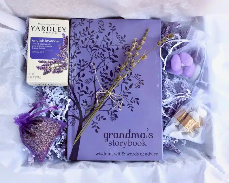 Grandma's storybook gift set, with a purple book, candies, rocks, and more. 