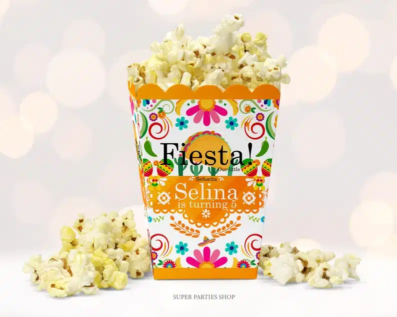 Fiesta popcorn boxes with fun colorful patterns on it. 