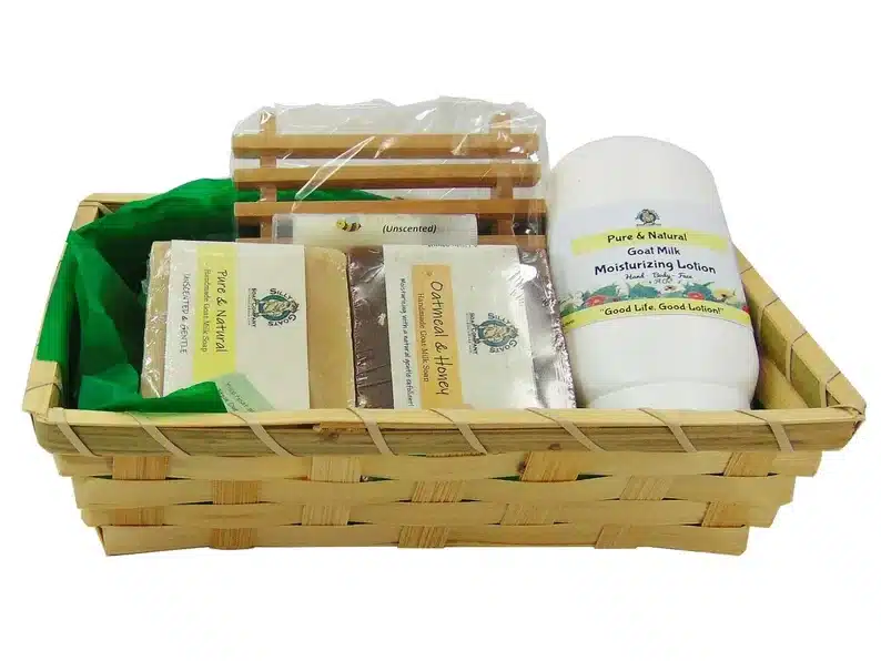 Wicker basket with goat milk products in it. 