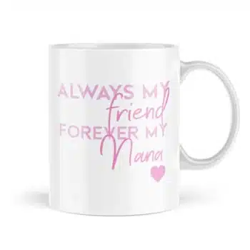White coffee mug with light pink font that says 