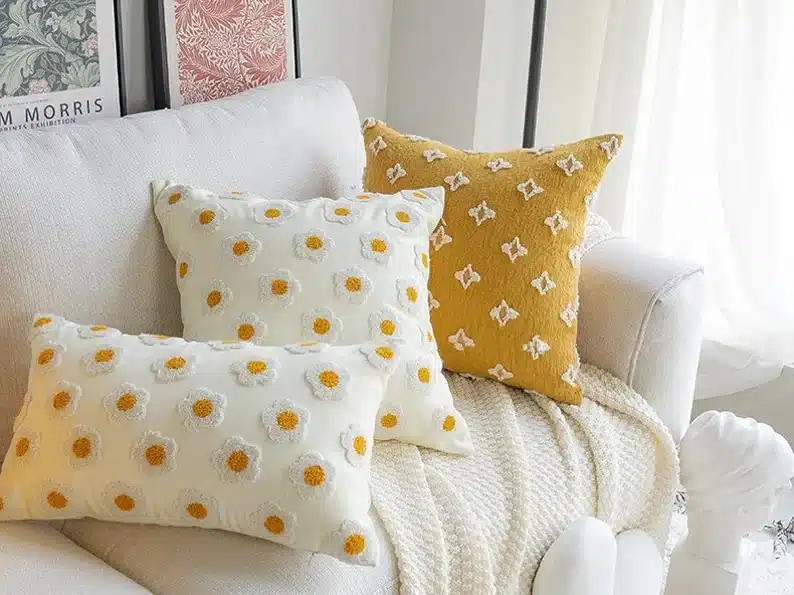 Mustard and white boho style handmade chenille flower pillows