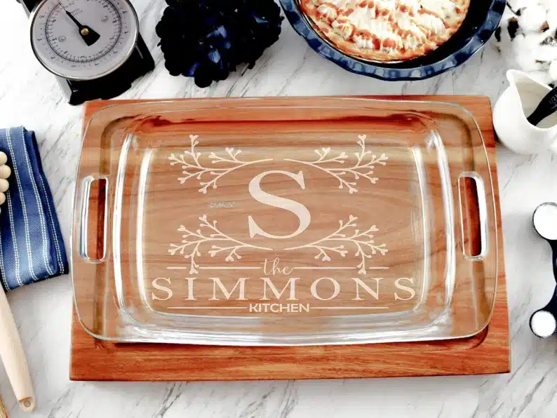 Personalized etched clear casserole dish, this one with a large S and the Simmons kitchen below. 
