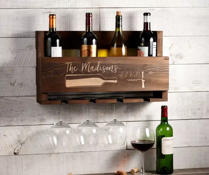 Personalized Wine Rack that holds bottles and glasses