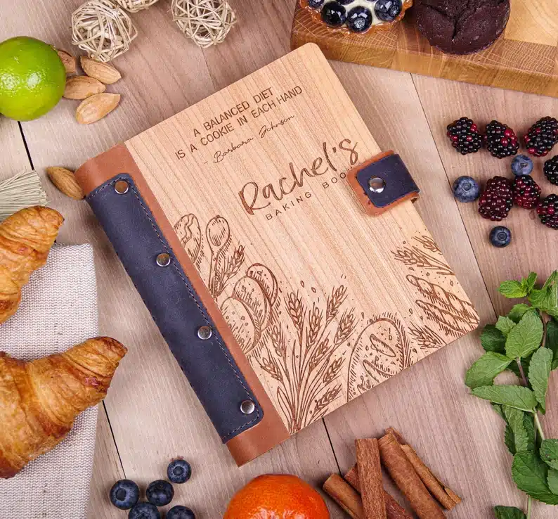 Mother's Day Gifts For 80 Year Olds: Wooden recipe book with the option to customize. 