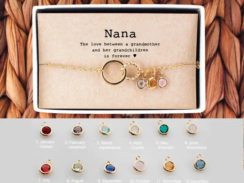 Rectangle box with a gold bracelet in it that says NANA the love between a grandmother and her grandchildren is forever, with birth charms for each grandchild. 