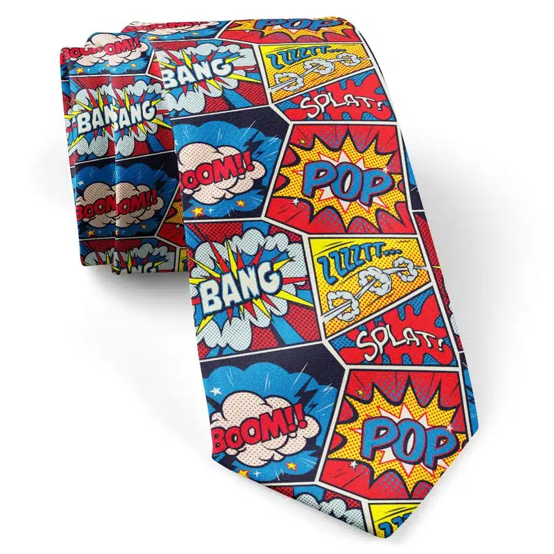 Comic book necktie, covered in POP BANG BOOM comic style words. 