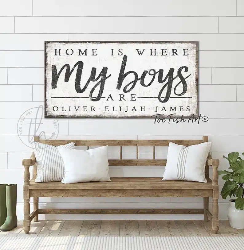 Top Gifts for the Mom of All Boys: Large rectangle white sign with black board with black font that says "Home is where my boys are". 