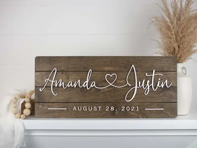 Couples name sign wedding gift trend with wedding date