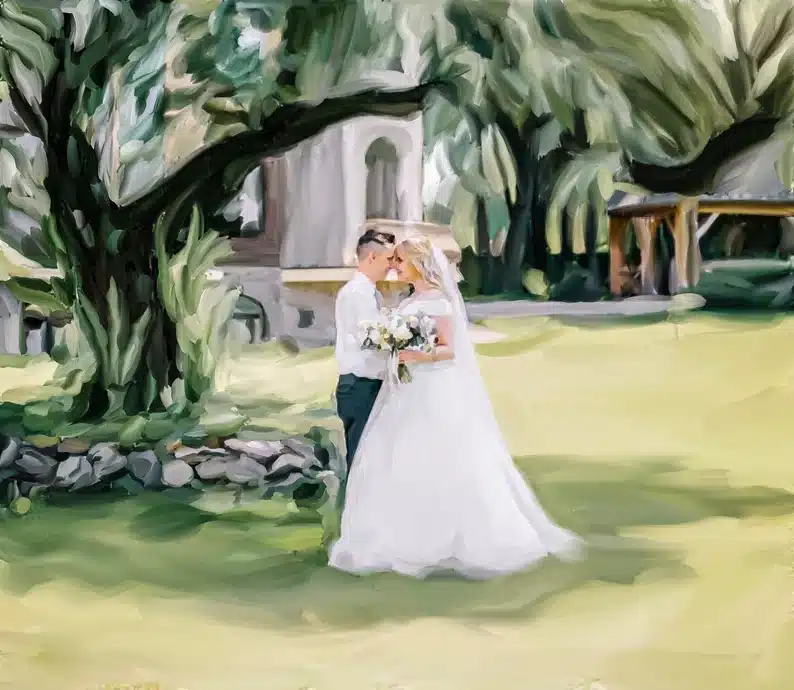 Personalized painting with an image of a couple on their wedding day as a gift idea