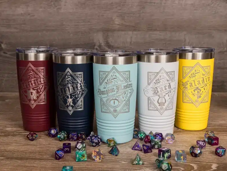 Five role playing character travel mugs