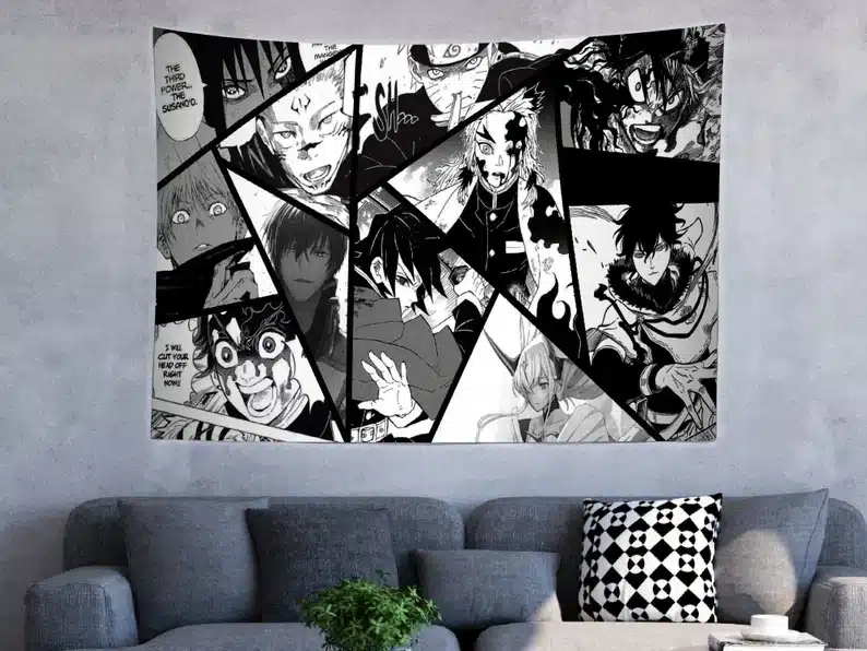 Light blue coach with a large Anime tapestry in black and white above. 