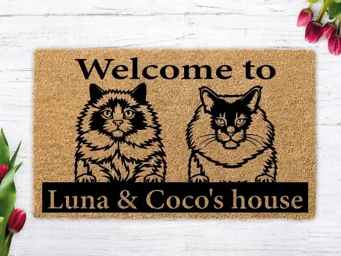 Mother’s Day Gifts for Cat Lovers: Brown door mat that says Welcome to Luna & Coco's house with black font and two cats shown. 
