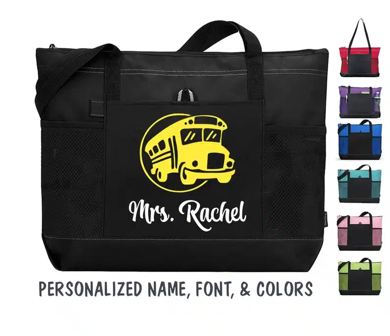 Great gift ideas for school bus drivers: Black bag with a yellow school bus on it with Mrs. Rachel on it. 