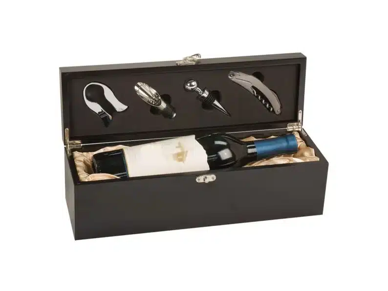 Black box with a bottle of red wine in it, and various items to help open wine bottle. 