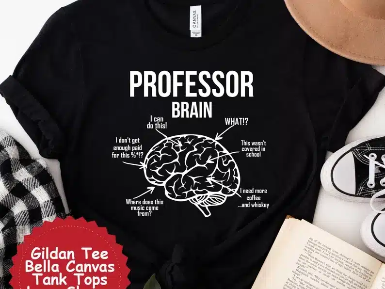 Black t-shirt with white font that says "professor brain" with a brain. 