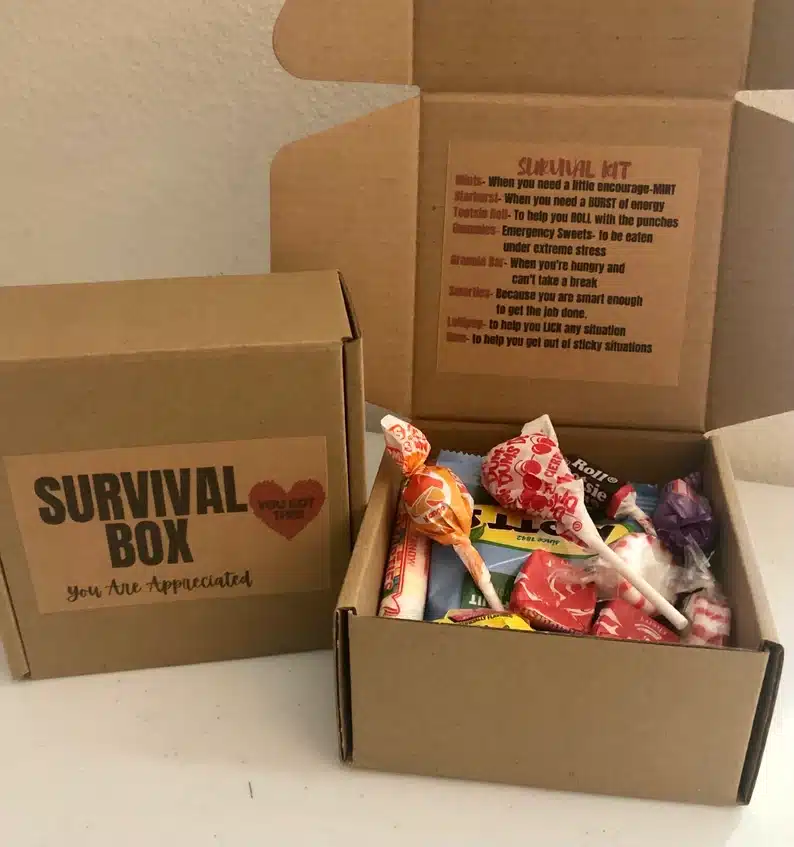 brown cardboard boxes called survival box, one opened filled with candy. 