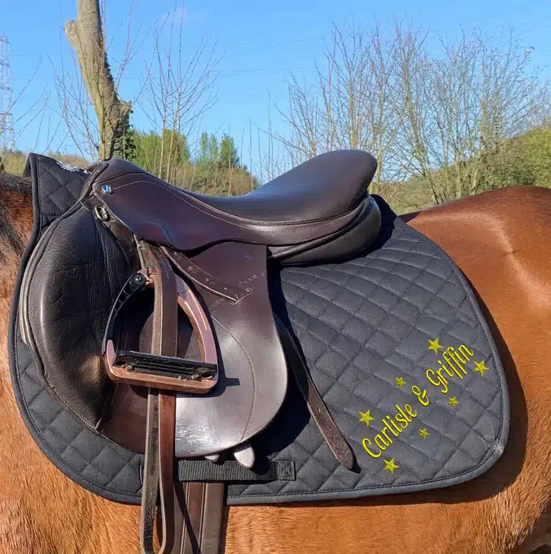 Horse Gifts for Girls - Close up of brown hose with a dark brown saddle that can be personalized with yellow font. 