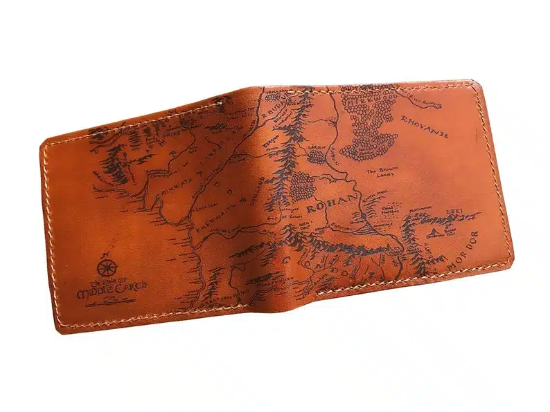 Brown leather middle earth map print wallet. 