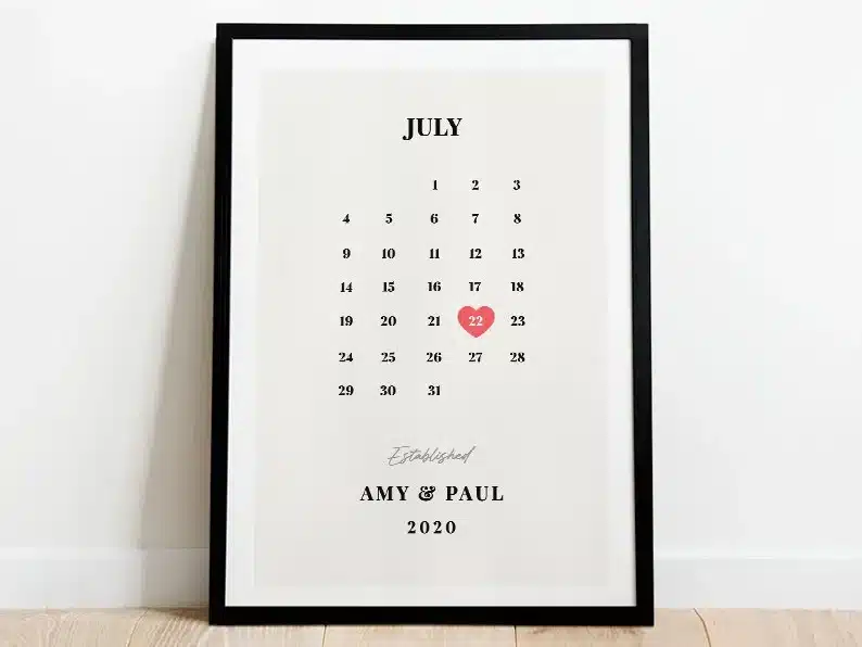 Cheap Engagement Present Ideas - Black framed wedding date print of a calendar, pink heart on the date 22. 