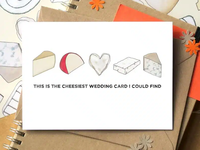 White card with five different types of cartoon cheese on it with black font that says 