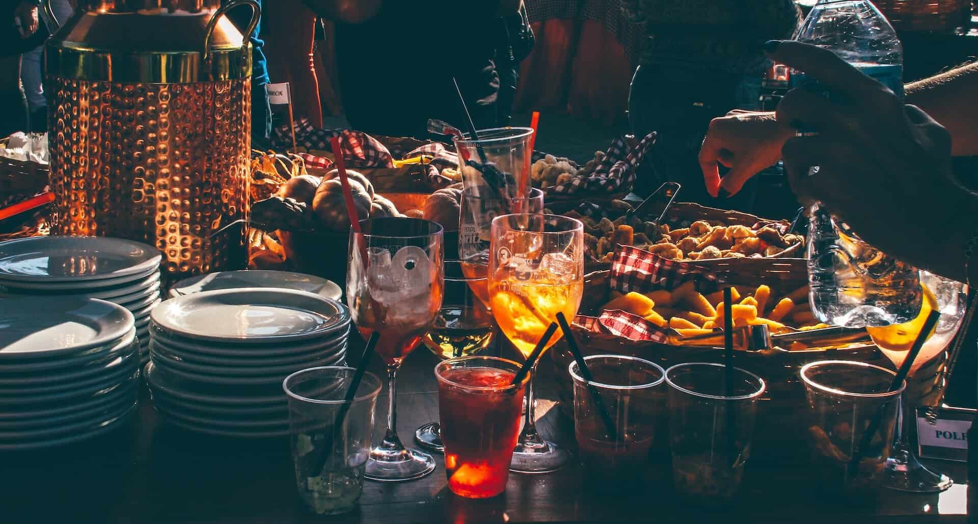 Assorted food and drinks on a table