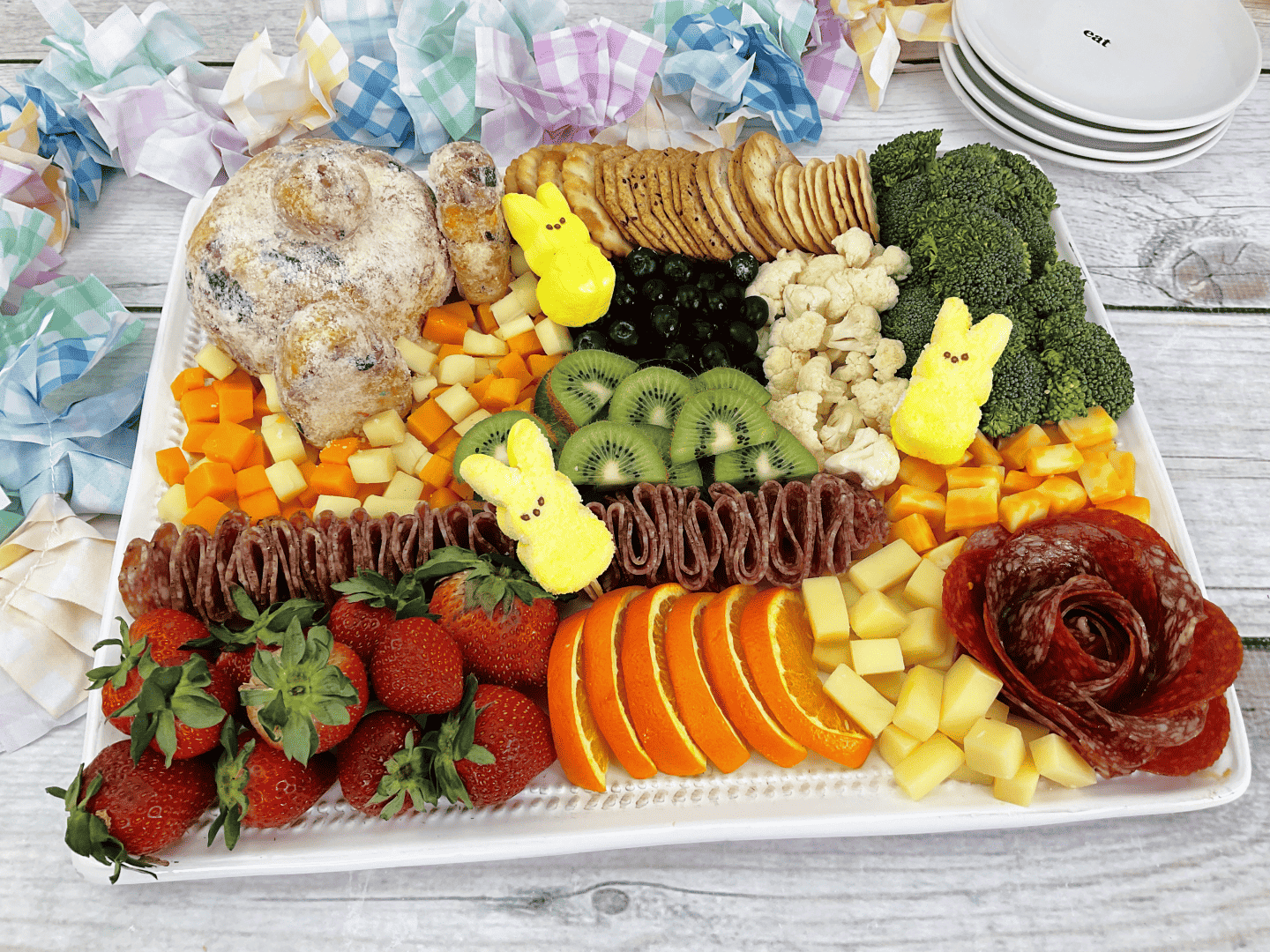 Bunny Butt Cheeseball & Charcuterie Board: completed board with meats, fruit, vegetables, and cheese. 