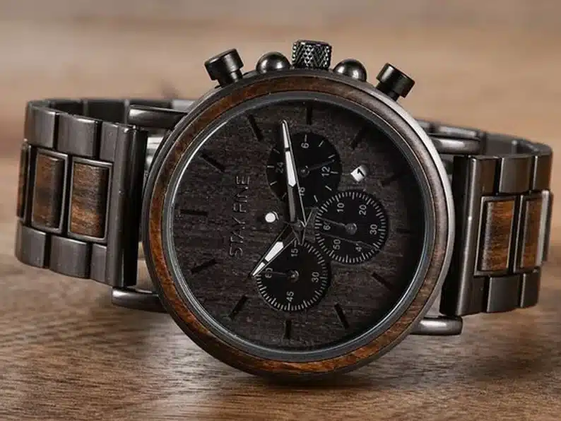Engraved wood watch. 