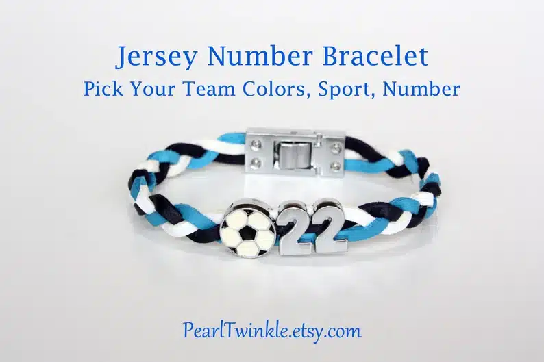 Gifts For a Soccer Mom - Navy blue, blue, and white colored bracelet with a soccer ball charm and number 22. 