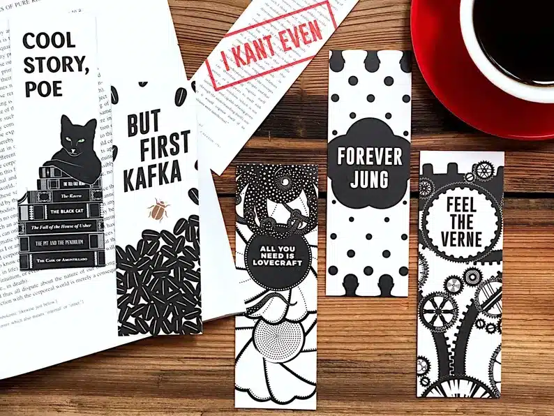Five black and white bookmark sets. 