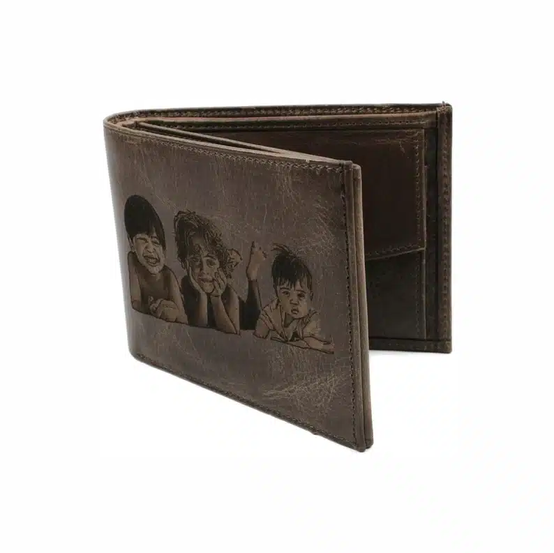 Father’s Day Gifts For Ex-Husbands - engraved leather wallet with three kids on it. 