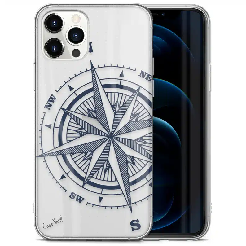 White iphone phone case with a navy blue print of a compass on it. 