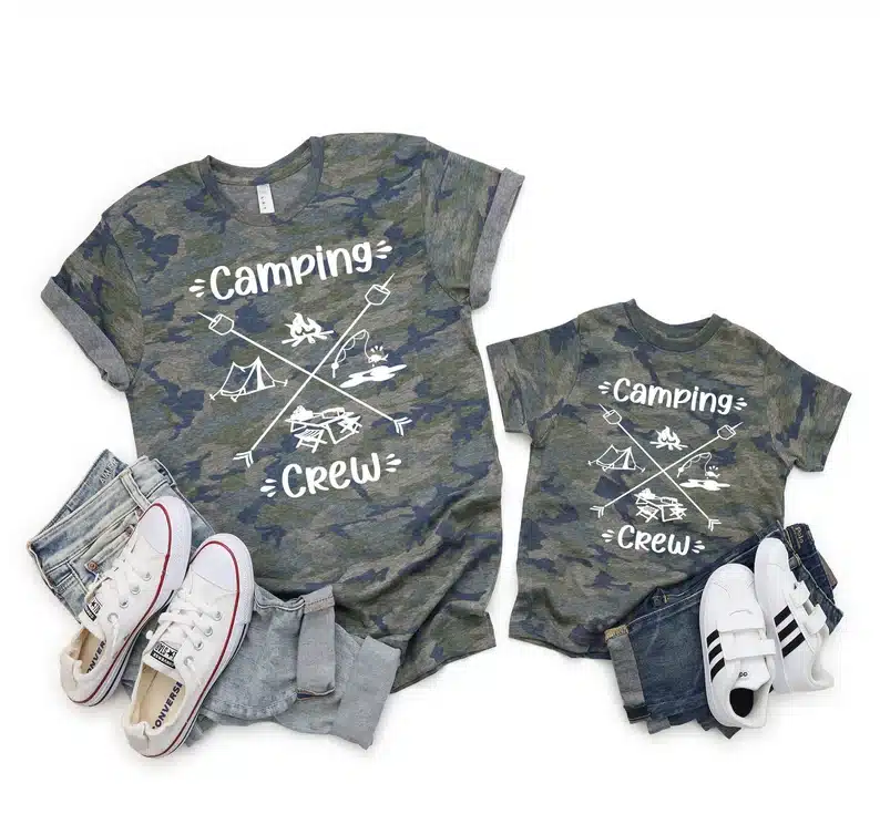 Camping Gifts For Kids - Adult and kids camo t-shirts that says camping crew. 