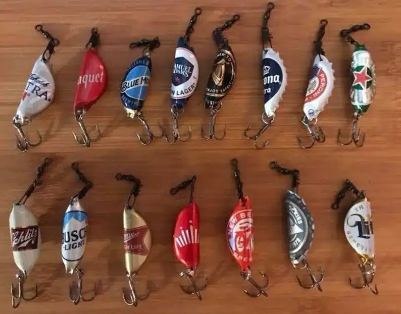 Various fishing lures made from bottle caps. 
