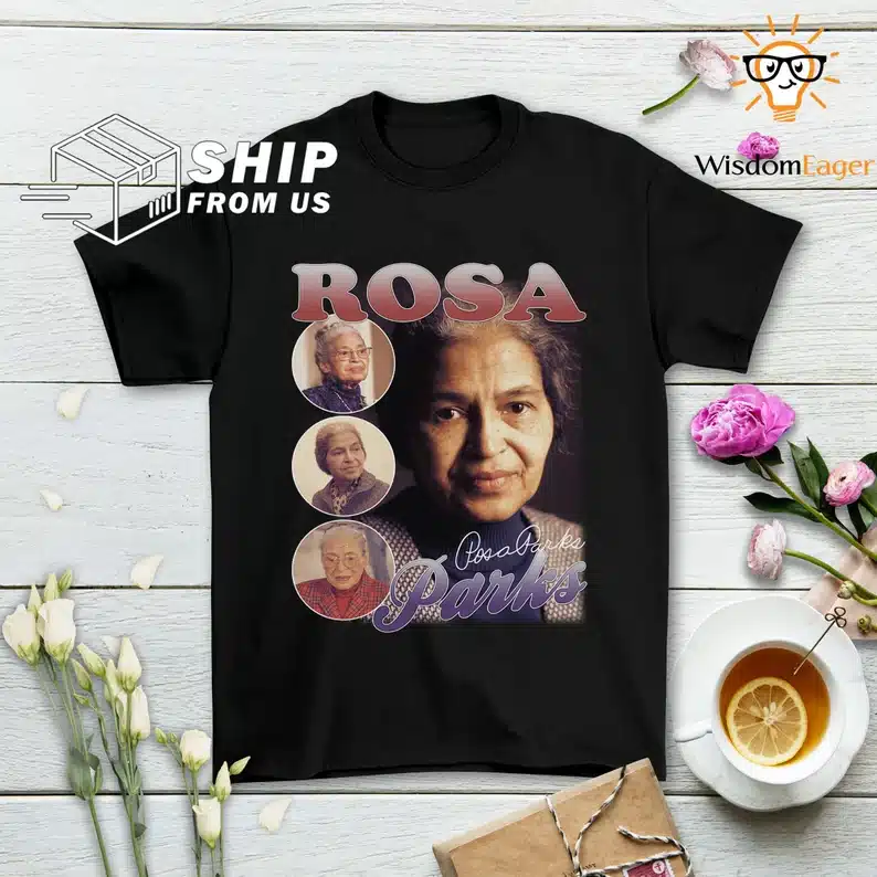 Black t-shirt with various photos of Rosa Park. 