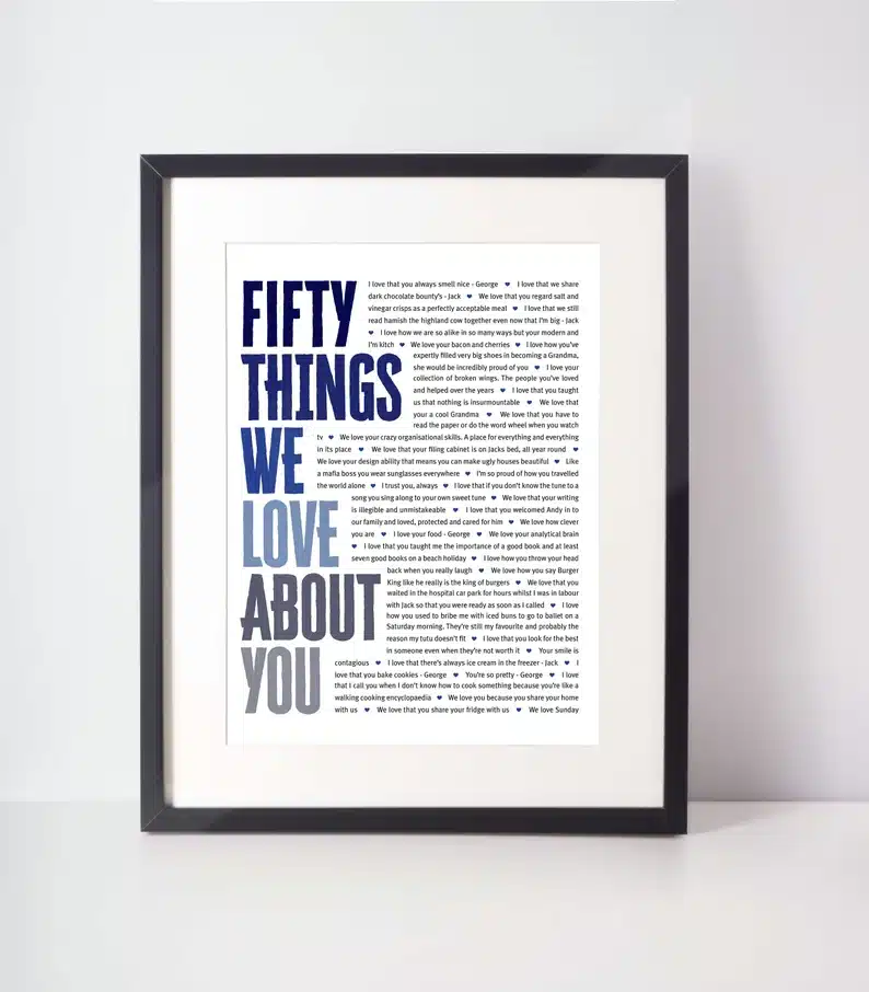 Black frame that says fifty things we love about you with 50 things listed in small print. 