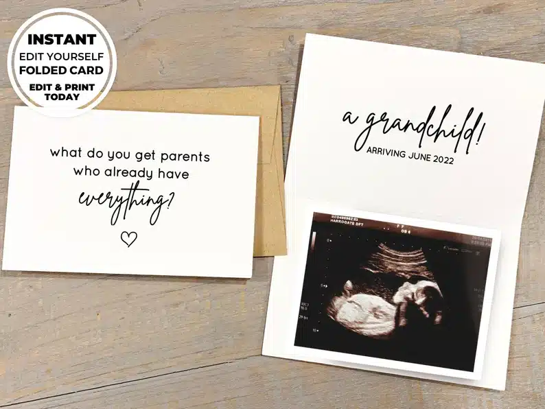 white card that has an ultrasound photo in it. 